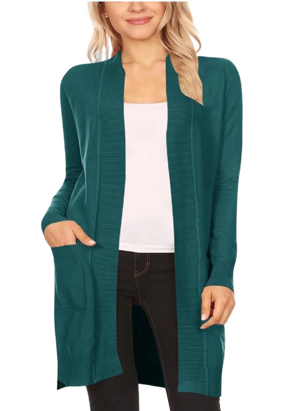 Cielo | Women’s Long Open-Front Teal Cardigan with Pockets | L